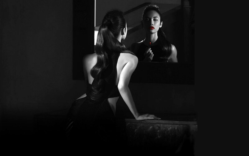 Woman Applying Lipstick — Black, Dramatic, Night, Photograph