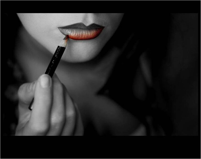 Woman Applying Lipstick — Black, Dramatic, Photograph, Hand, Lips