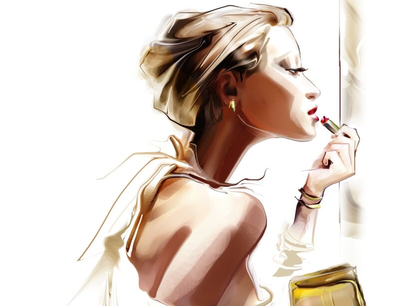 Woman Applying Lipstick — Brown, Calm