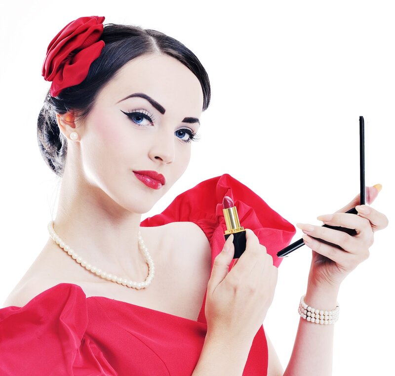 Woman Applying Lipstick — Red, Confident