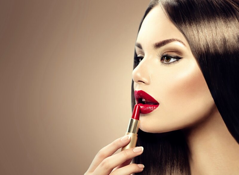 Woman Applying Lipstick — Red, Dramatic, Photograph, Makeup
