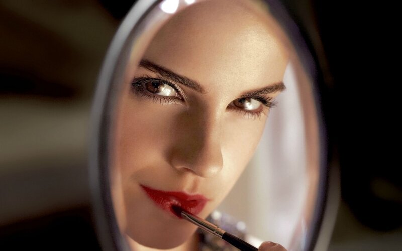 Woman Applying Lipstick — Red, Dramatic, Photograph, Mirror