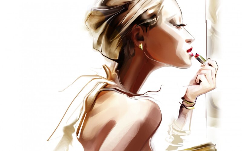 Woman Applying Lipstick — White, Calm, Digital Art