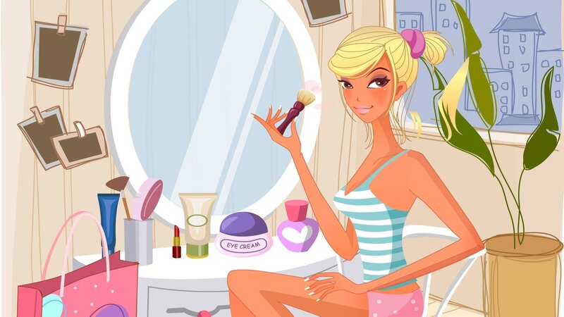 woman applying makeup at vanity