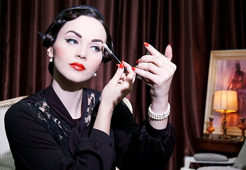 Woman Applying Makeup — Black, Dramatic, Night