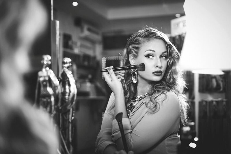 Woman Applying Makeup — Black, Dramatic, Photograph, Mirror, Makeup Brush