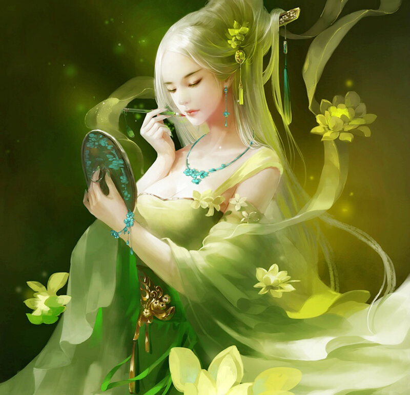 Woman Applying Makeup — Green, Serene