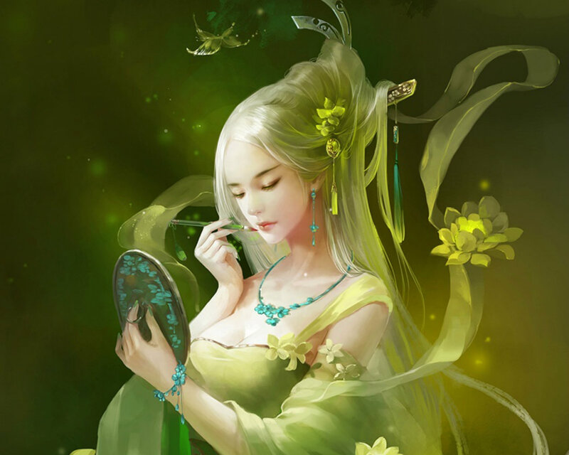Woman Applying Makeup — Green