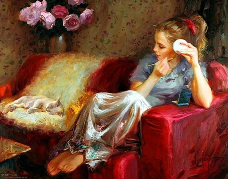 Woman Applying Makeup — Red, Calm