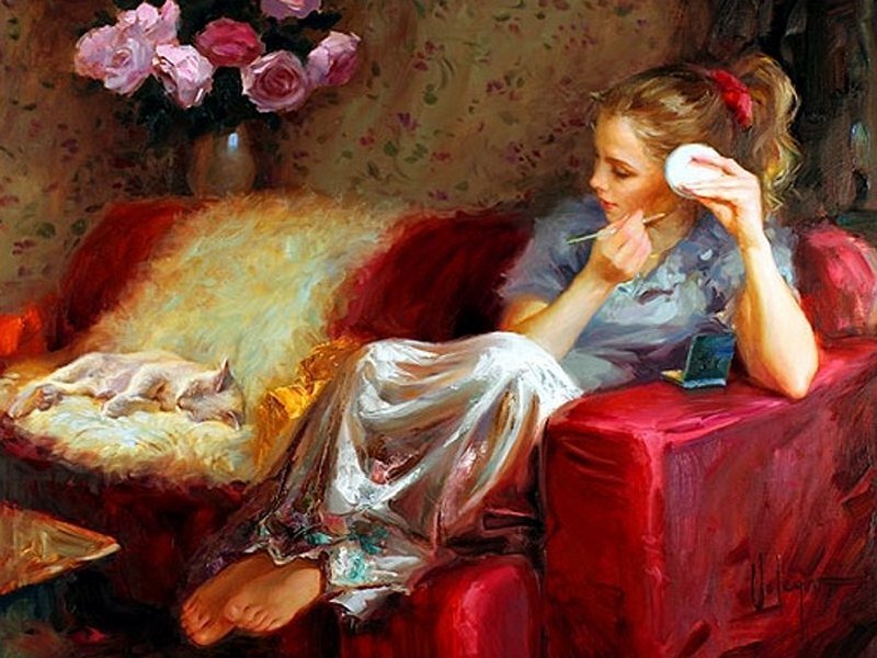 Woman Applying Makeup — Red