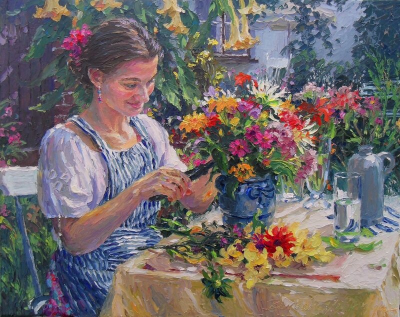 Woman Arranging Flowers — Green