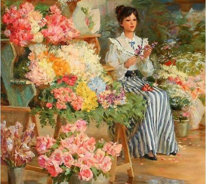 Woman Arranging Flowers — Pink