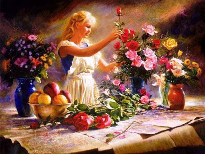 Woman Arranging Flowers — Yellow
