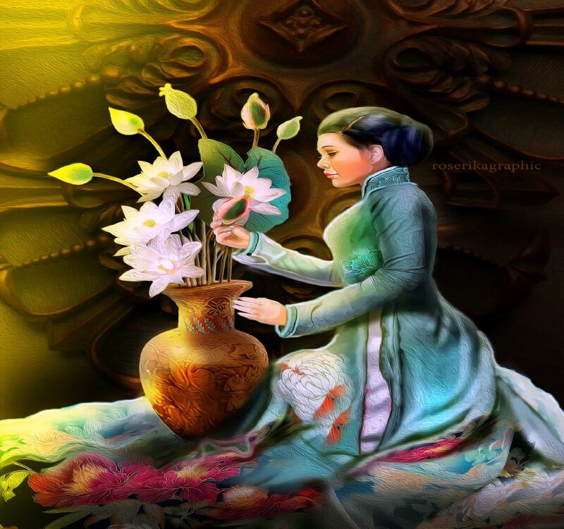 Woman Arranging Lotus Flowers