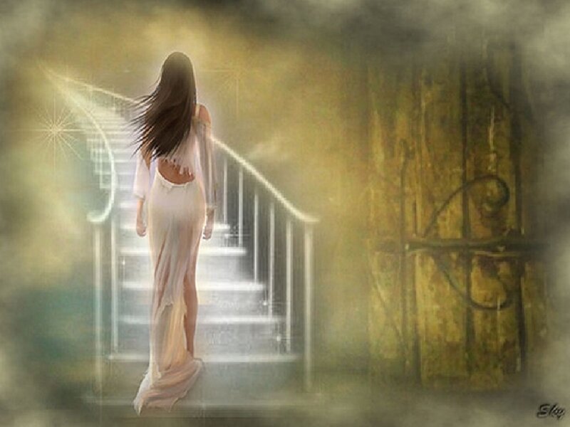 woman ascending staircase