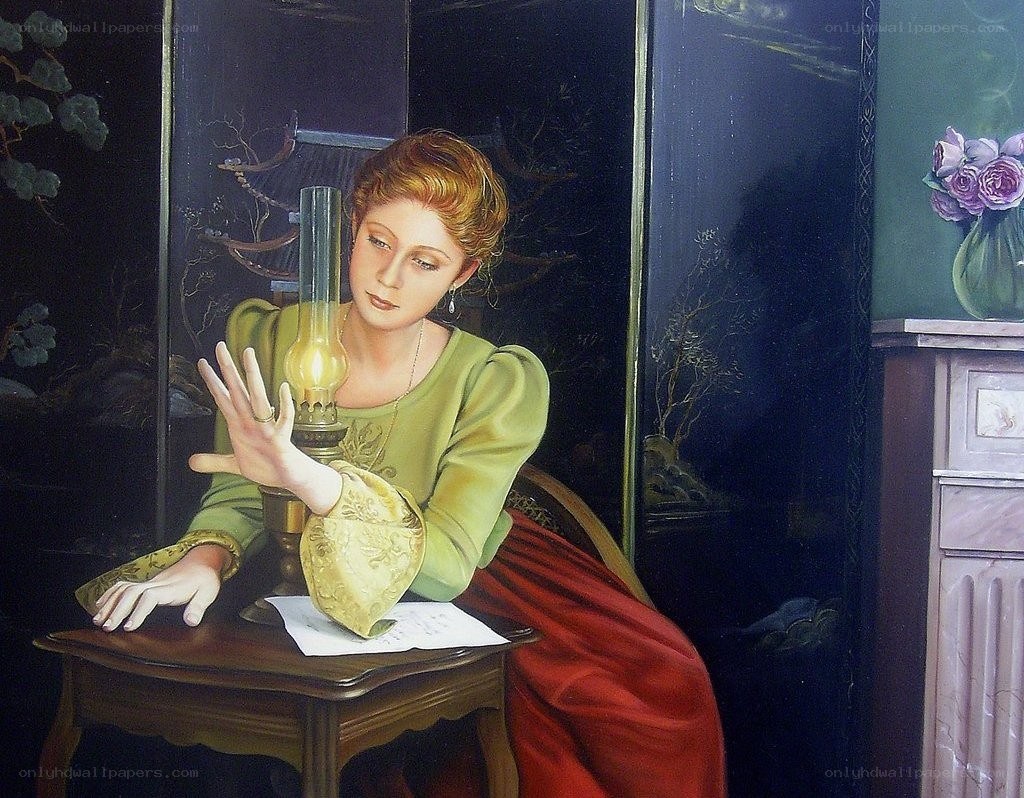 woman at a table with lamp