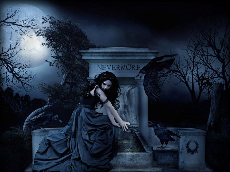 Woman at a tombstone under moonlight