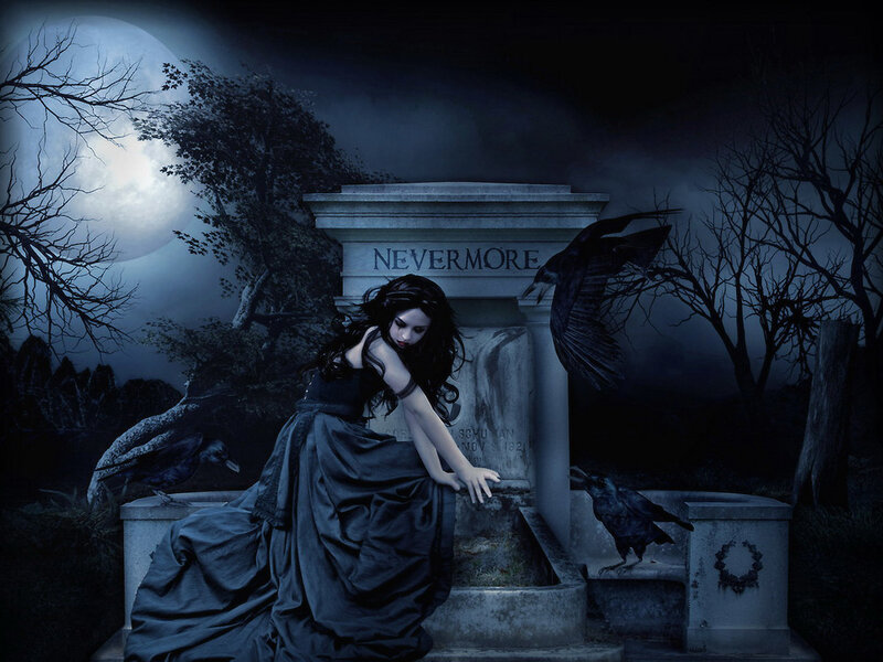 Woman at a tombstone under moonlight