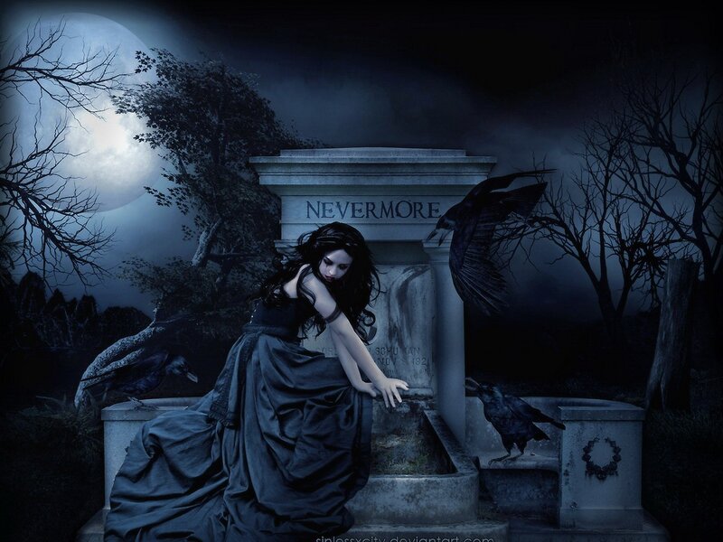 Woman at a tombstone under moonlight