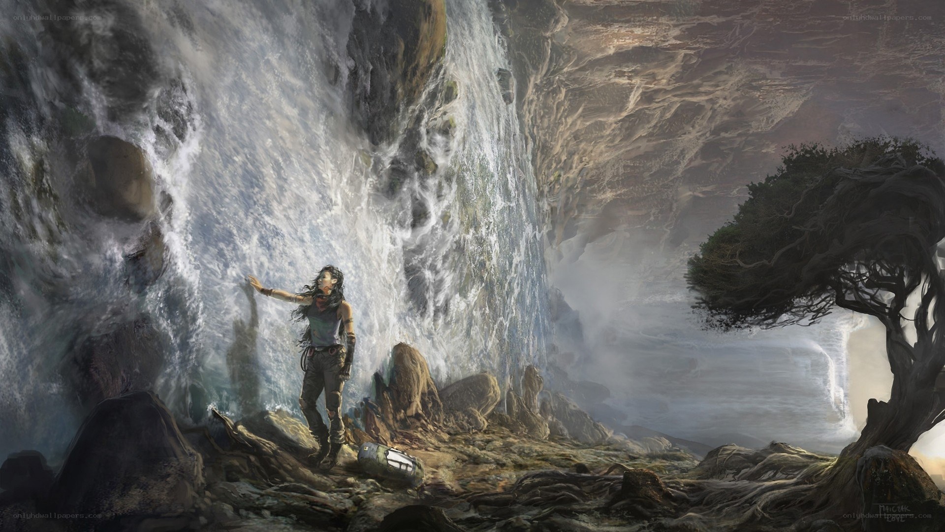 Woman at a waterfall cave