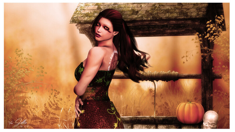 woman at a well in autumn
