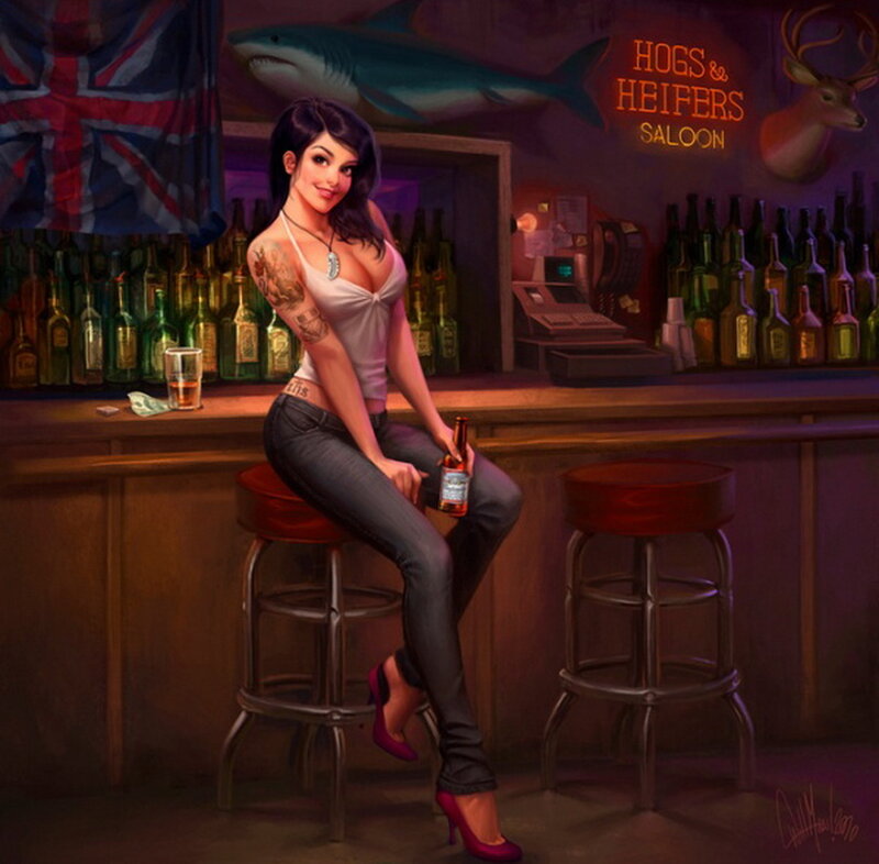 Woman at Bar Counter — Purple