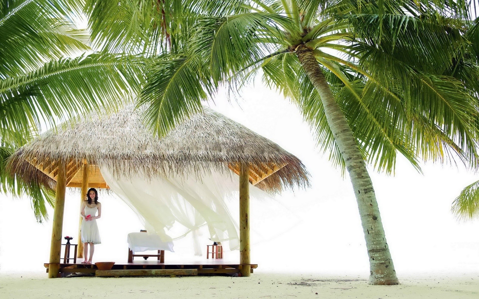 Woman at beach hut under palm tree