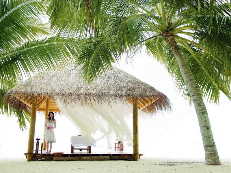 Woman at beach hut under palm tree