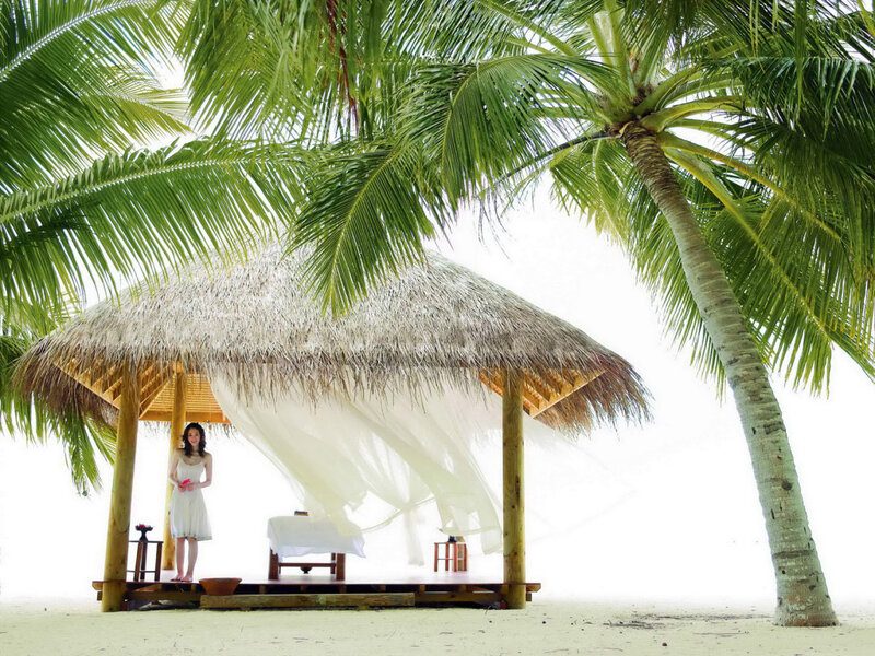 Woman at beach hut under palm tree