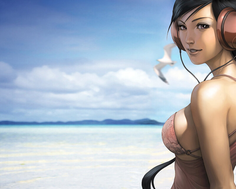 woman at beach with headphones
