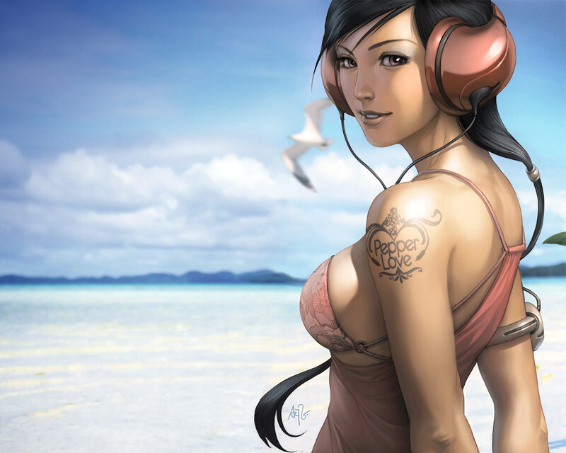woman at beach with headphones