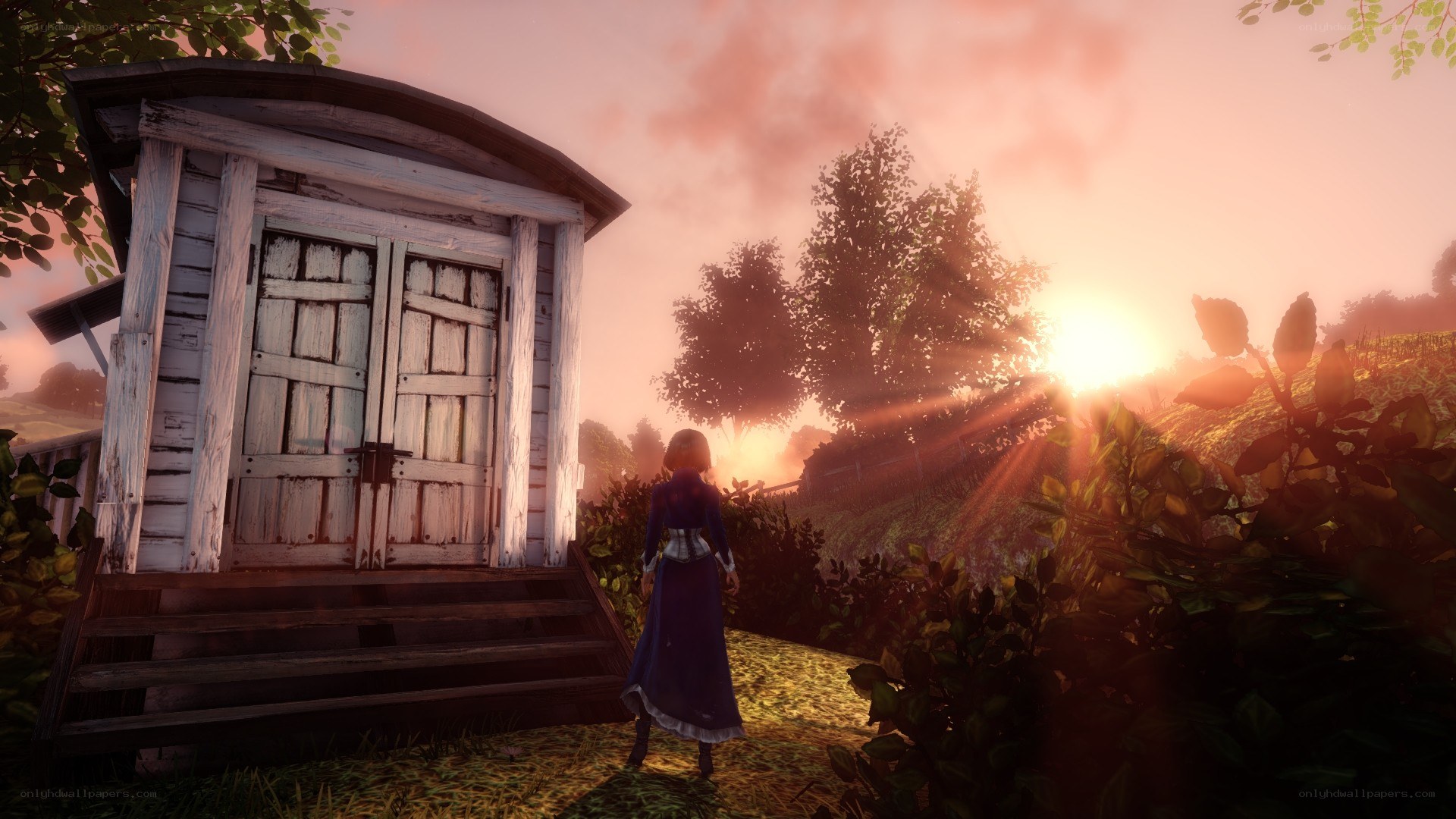 woman at cabin in sunset