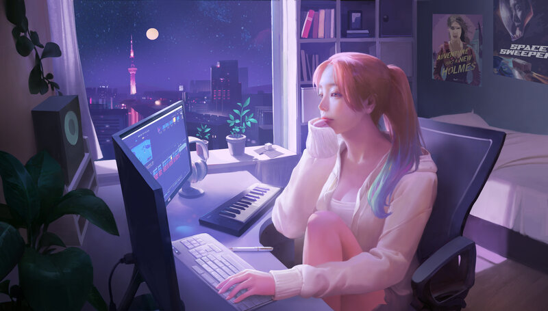 Woman at Computer Desk — Purple