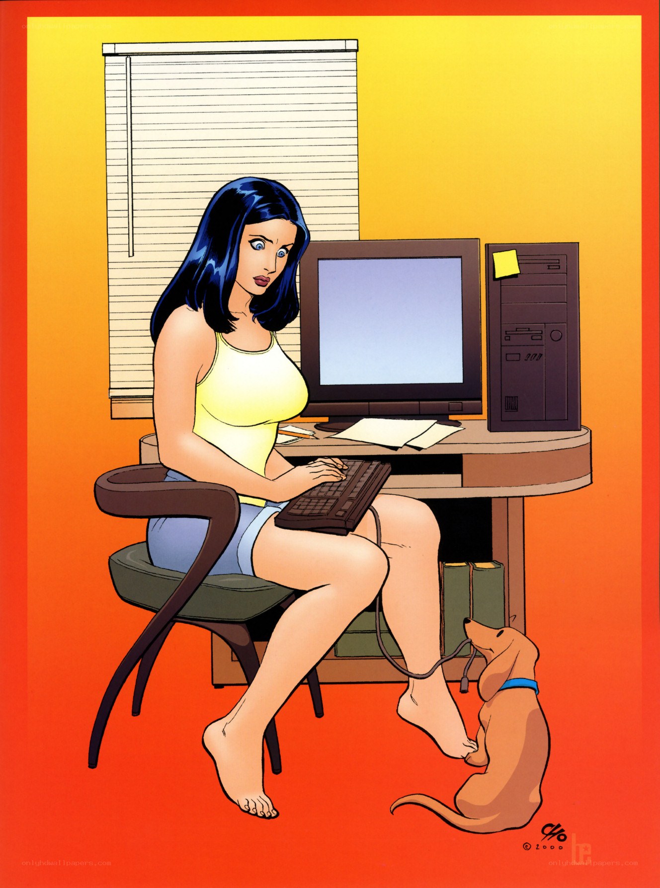 Woman at computer with dog