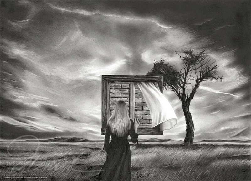 woman at door in desolate field