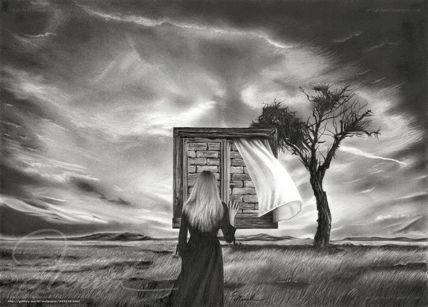 woman at door in desolate field