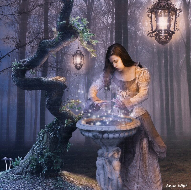 Woman at Fountain in Forest