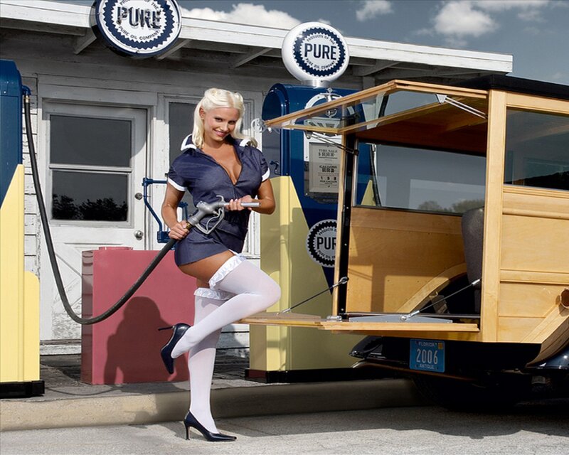 Woman at Gas Pump — Blue, Playful