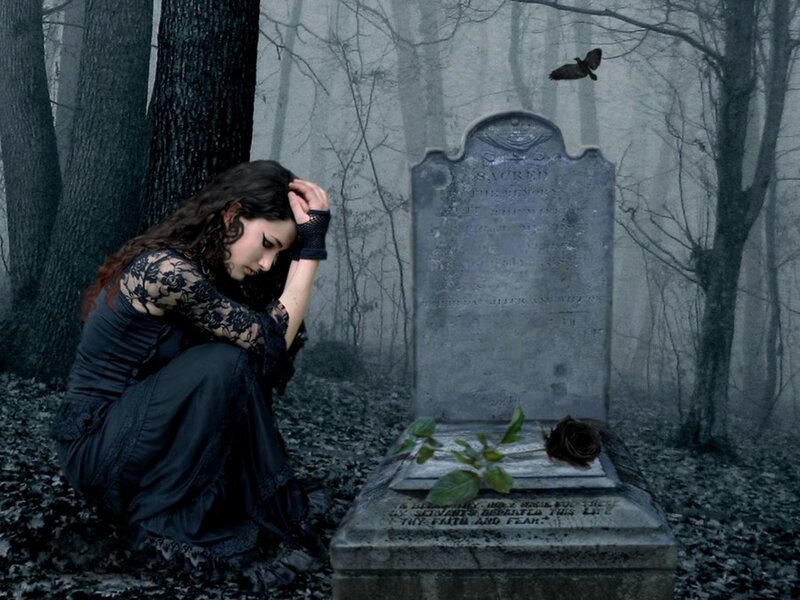Woman at Gravestone — Black, Somber, Night