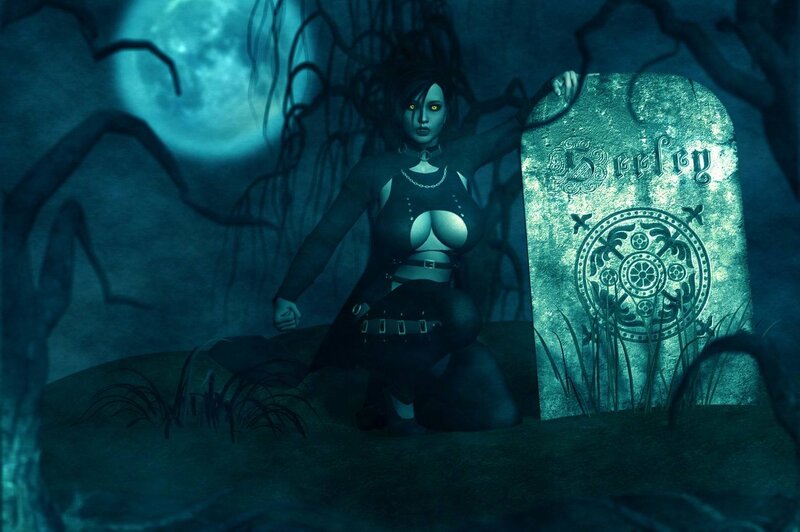 Woman at Gravestone — Blue, Dark, Night