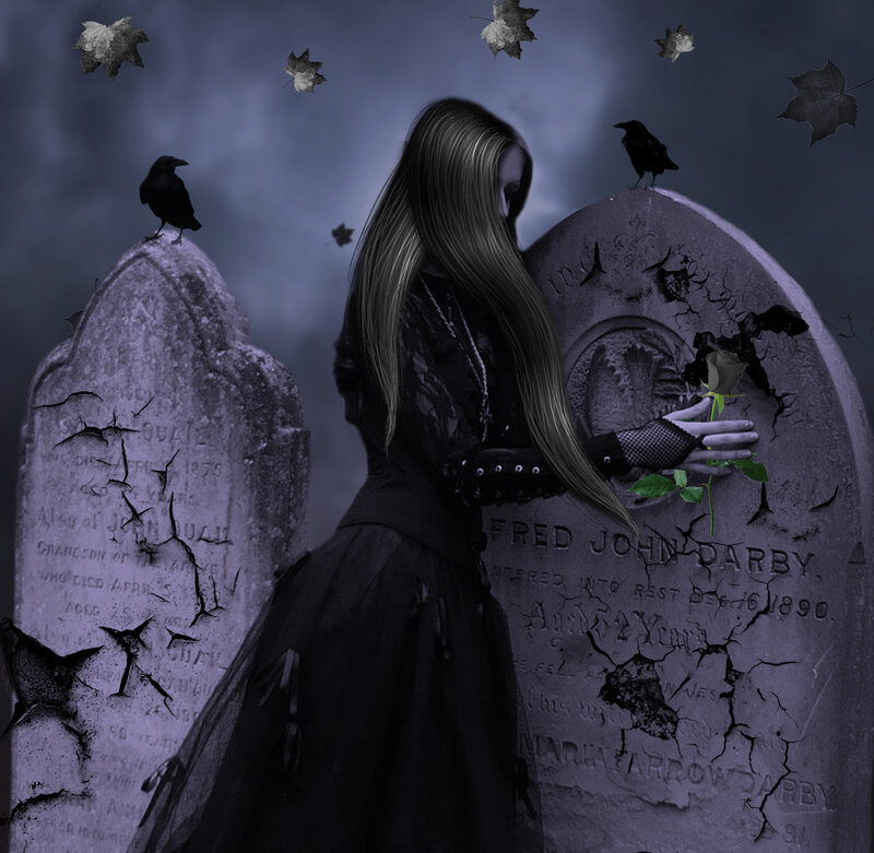 Woman at Gravestone — Gray, Somber