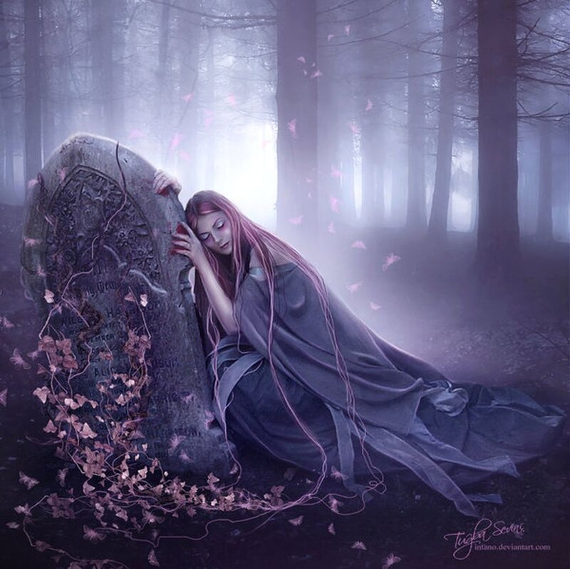 Woman at Gravestone — Purple