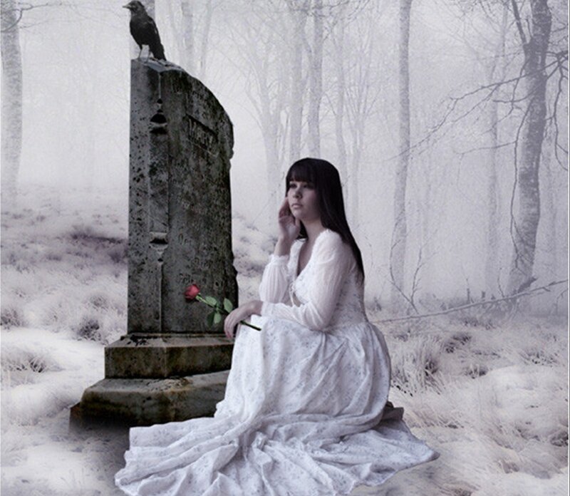 Woman at Gravestone — White