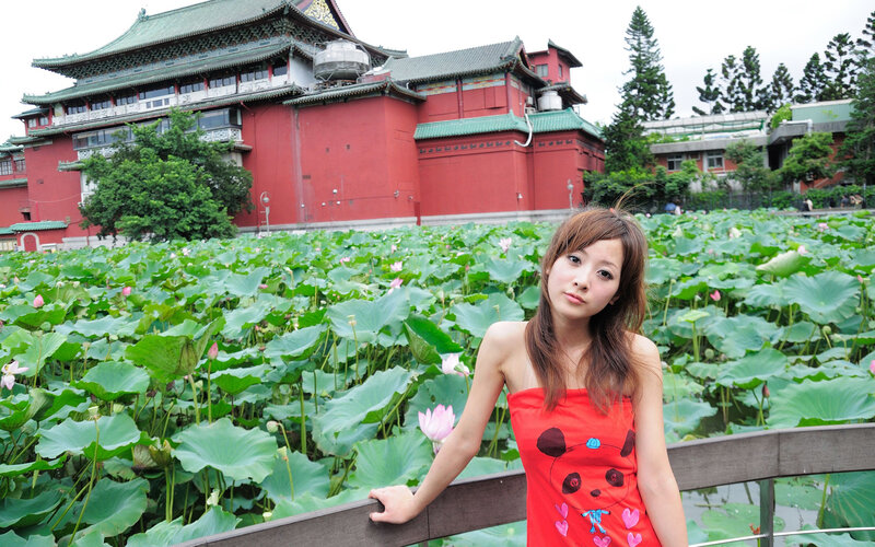 Woman at lotus pond with temple