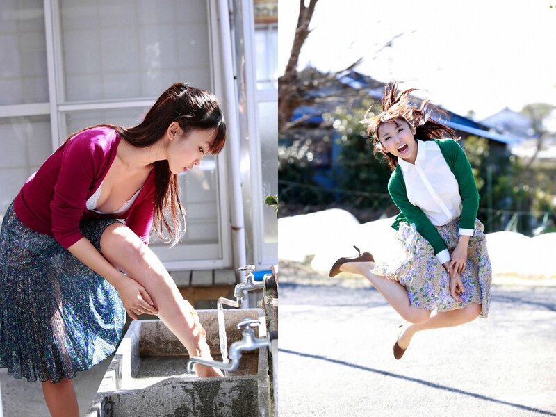 woman at outdoor sink and jumping