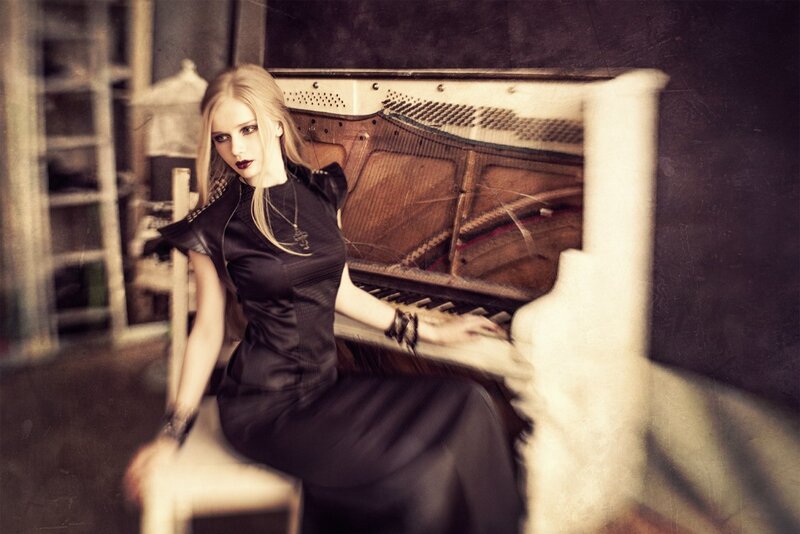 Woman at Piano — Black, Dramatic, Photograph, Dress