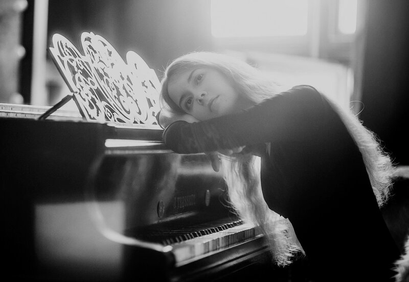 Woman at Piano — Black, Dramatic, Photograph, Music Stand