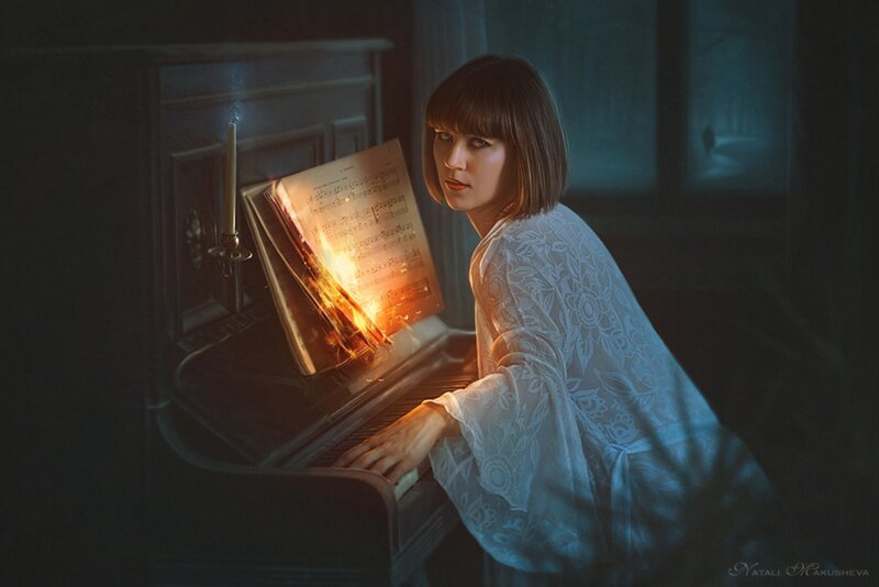 Woman at Piano — White, Dramatic