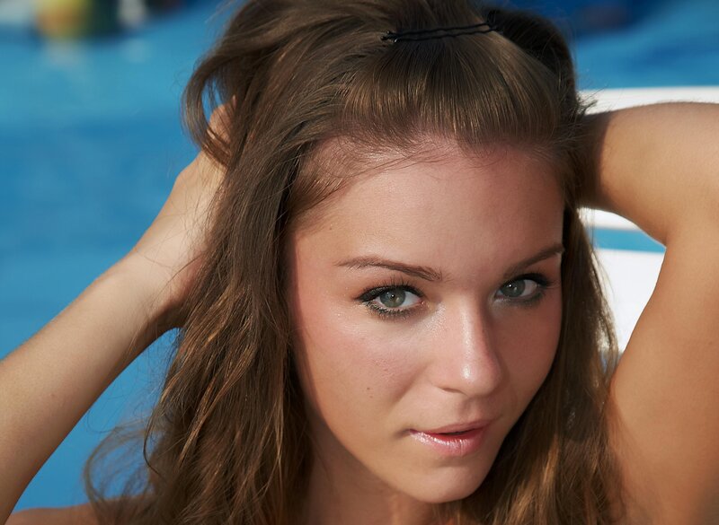 Woman at Poolside — Blue, Relaxed, Afternoon, Photograph, Pool, Hair Clip