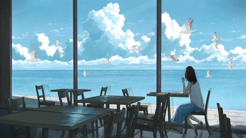 Woman at Seaside Cafe — Blue
